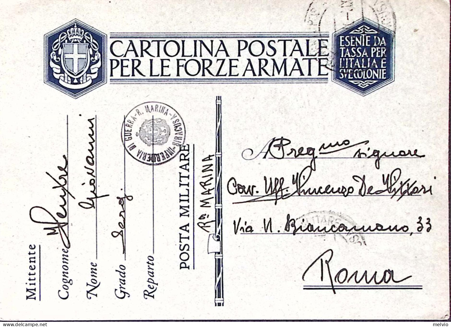 1940-INFERMERIA DI GUERRA R.M./SIRACUSA Tondo Viola Su Cartolina Franchigia - War 1939-45