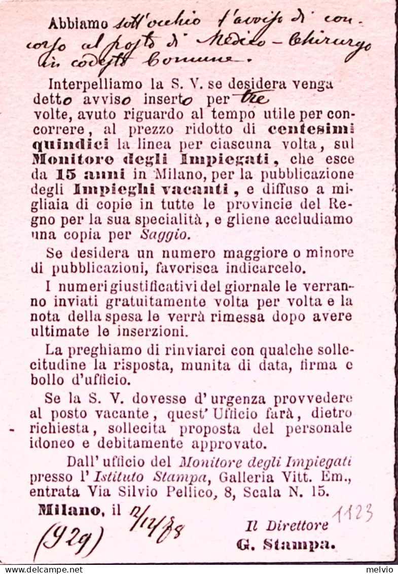 1878-Cartolina Postale R.P. C.15 Parte Domanda Milano (2.12) - Interi Postali