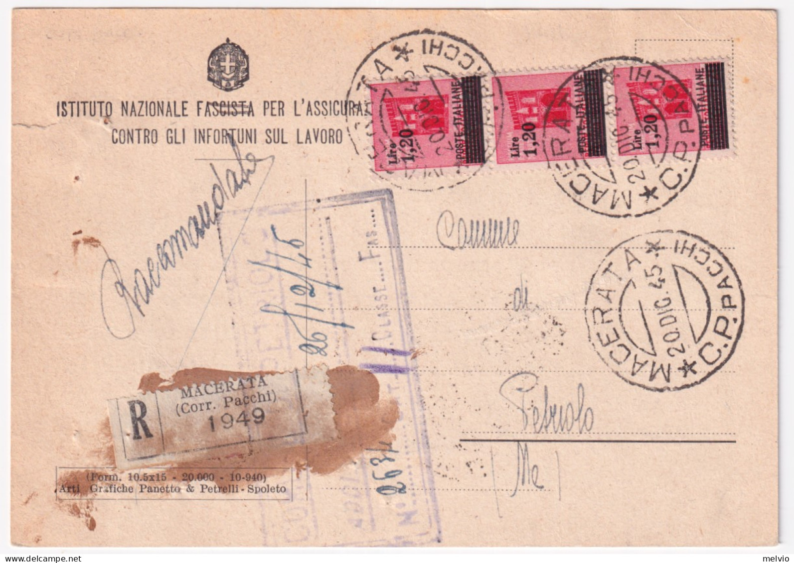 1945-Monumenti Sopr. Striscia Tre Lire 1,20/20 (524) Su Cartolina Raccomandata M - Marcophilie
