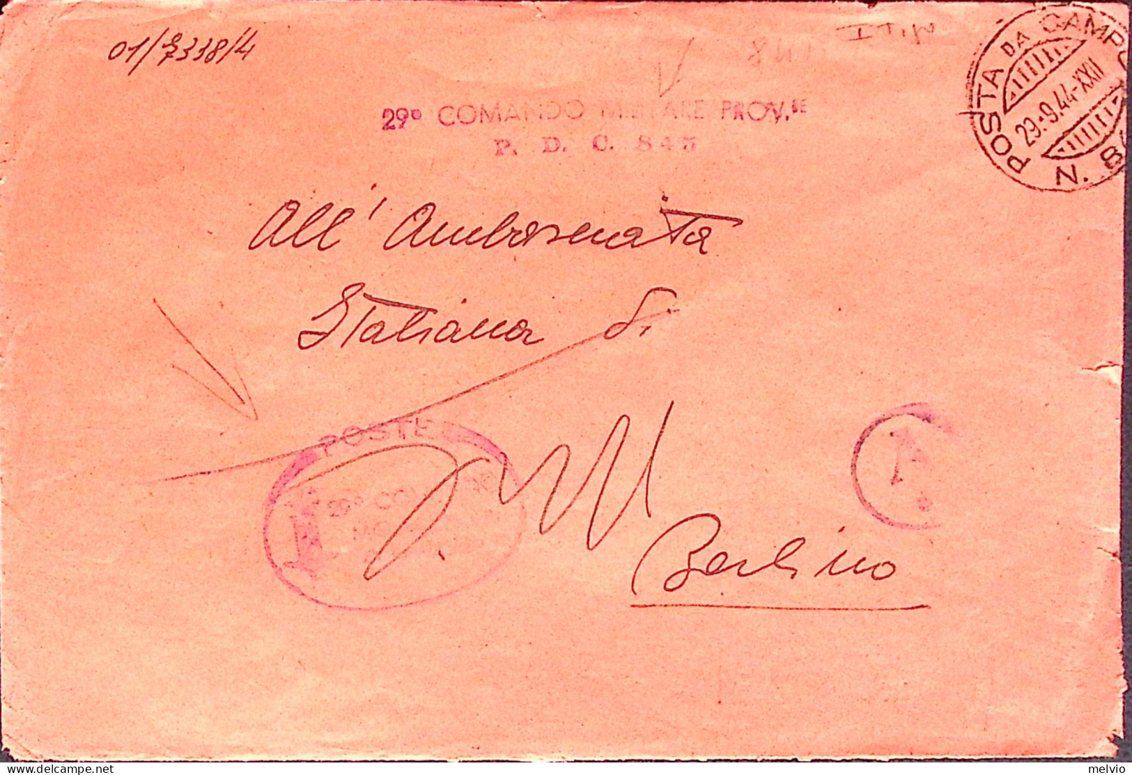 1944-R.S.I. Posta Da Campo N.845 C.2 (29.9) Su Busta Servizio - Marcophilie