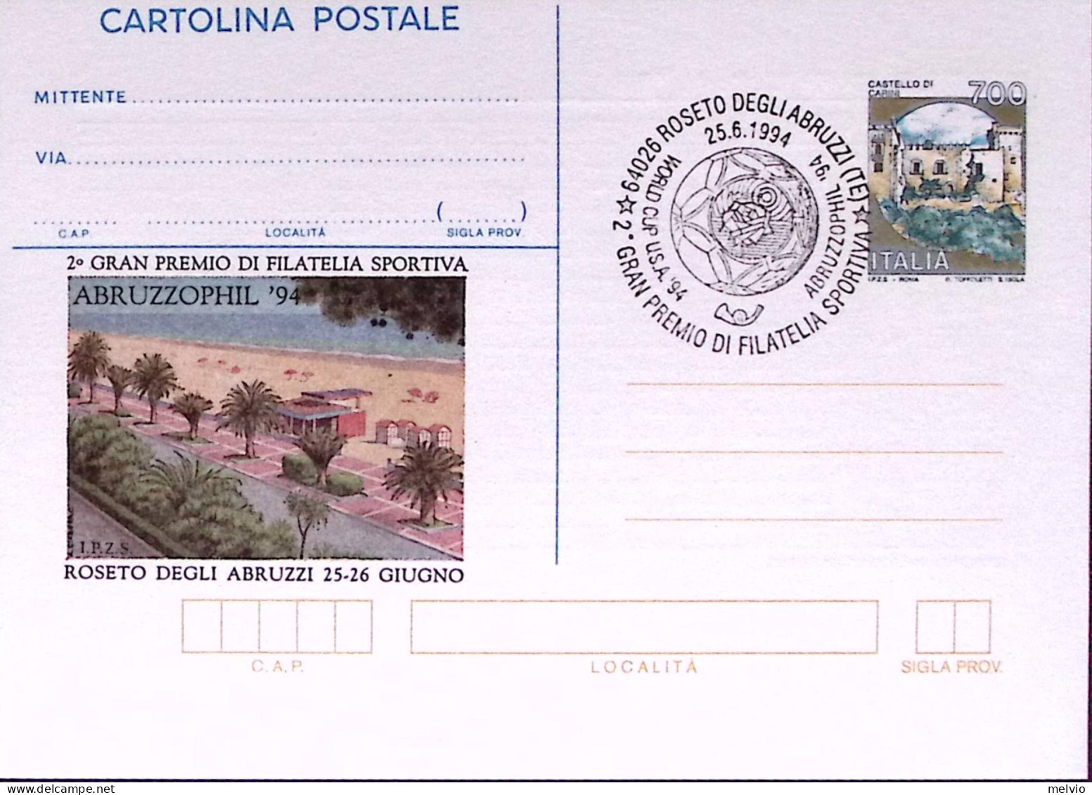 1994-ABRUZZOPHIL1994 Roseto Degli Abruzzi Annullo Speciale Su Cartolina Postale  - Postwaardestukken