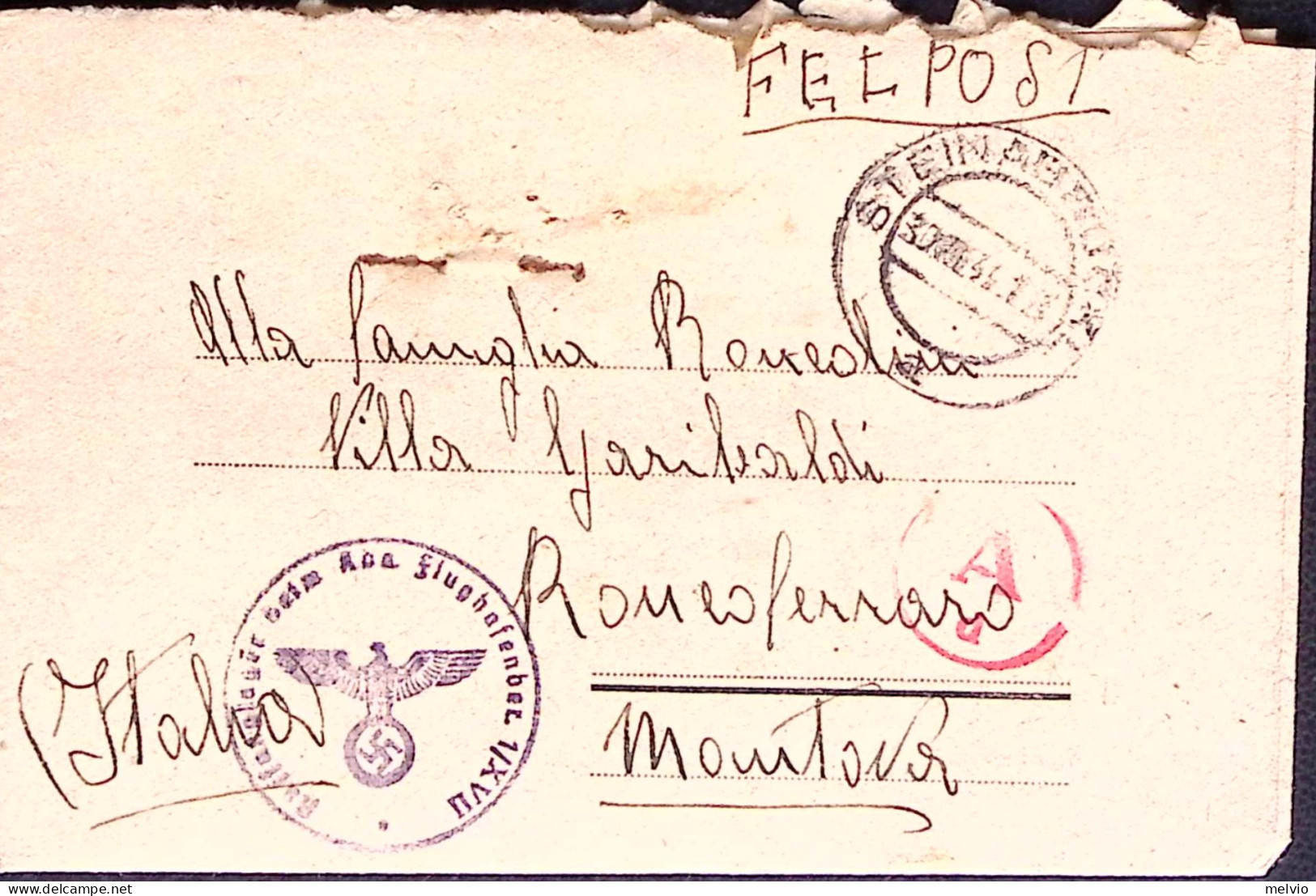1944-R.S.I. FLIG 12 Manoscritto Al Verso Di Biglietto Franchigia Annullo Steinab - Weltkrieg 1939-45