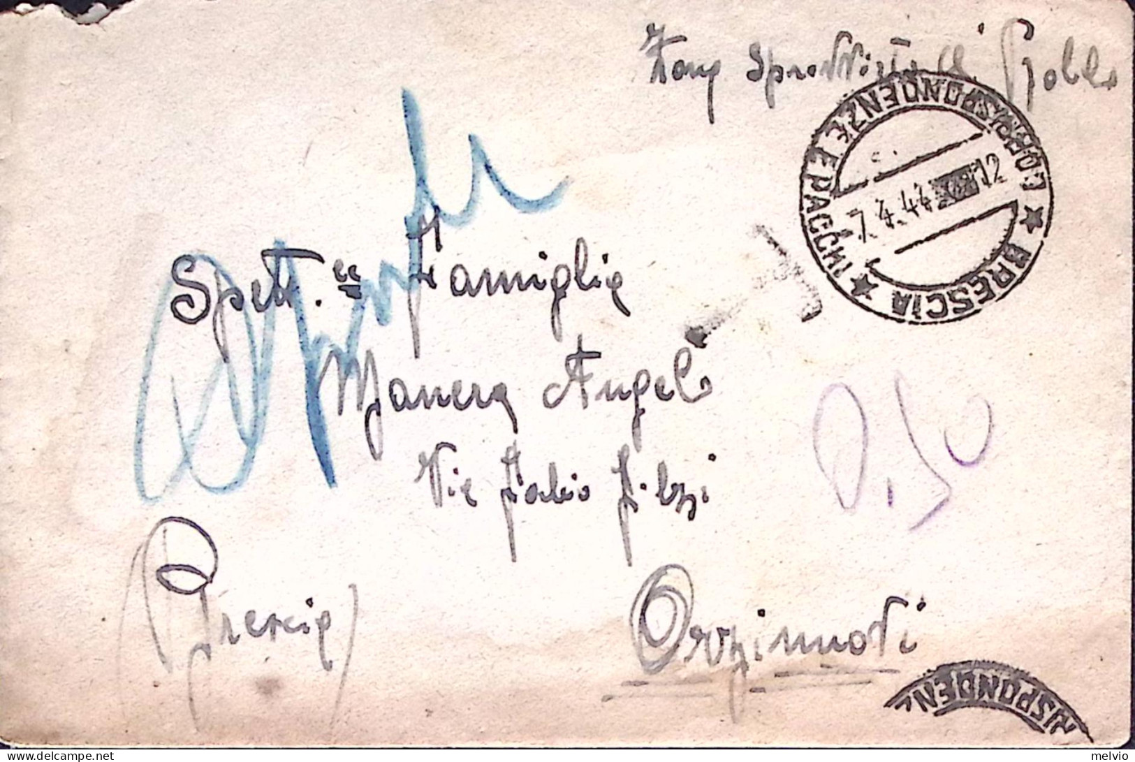 1944-R.S.I. Posta Da Campo N.755 Manoscritto Al Verso Di Busta Brescia (7.4) Non - Storia Postale