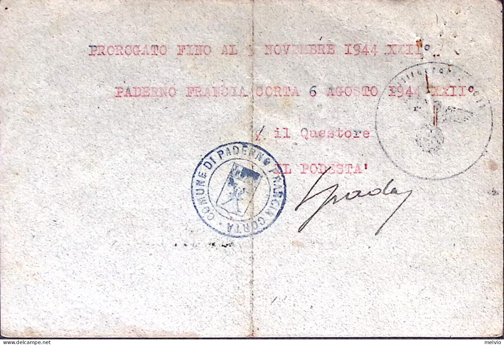 1944-R.S.I. Polizia Repubblica Italiana Permesso Rilasciato A Paderno(5.5)piega  - Poststempel