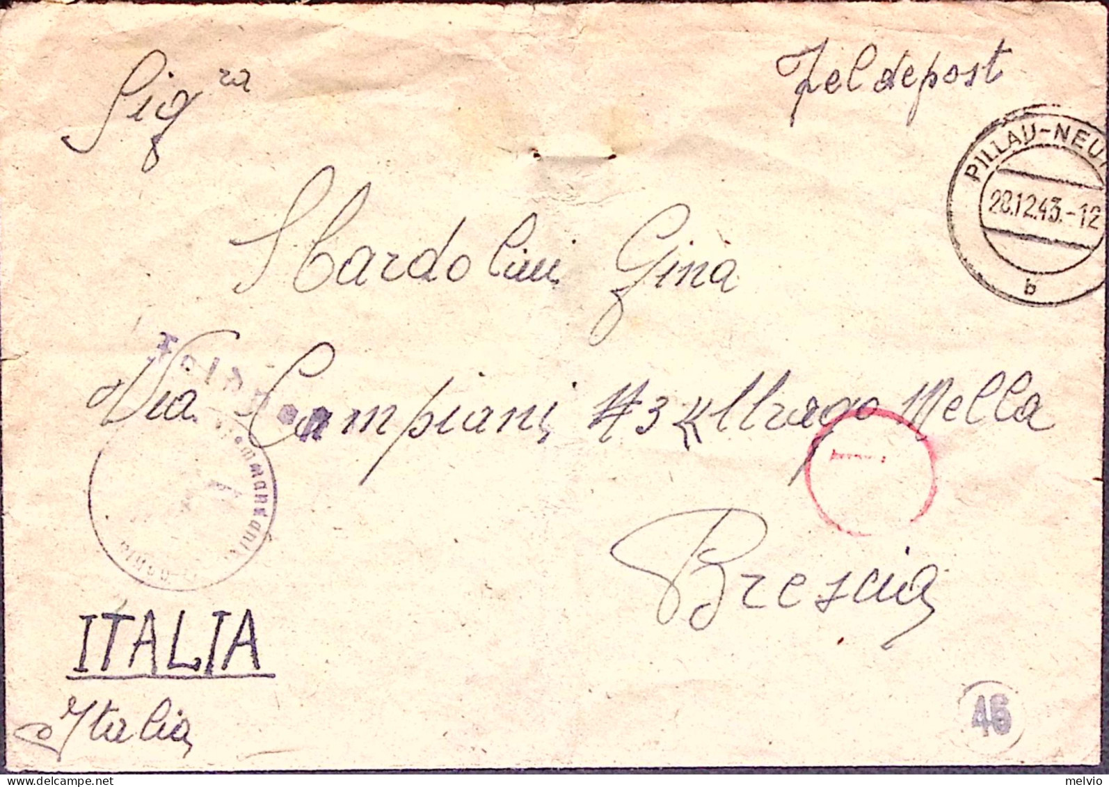 1943-R.S.I. PILLAU NEUTIEF/b (20.12) Su Busta Da Italiano In Germania Piega Cent - Weltkrieg 1939-45