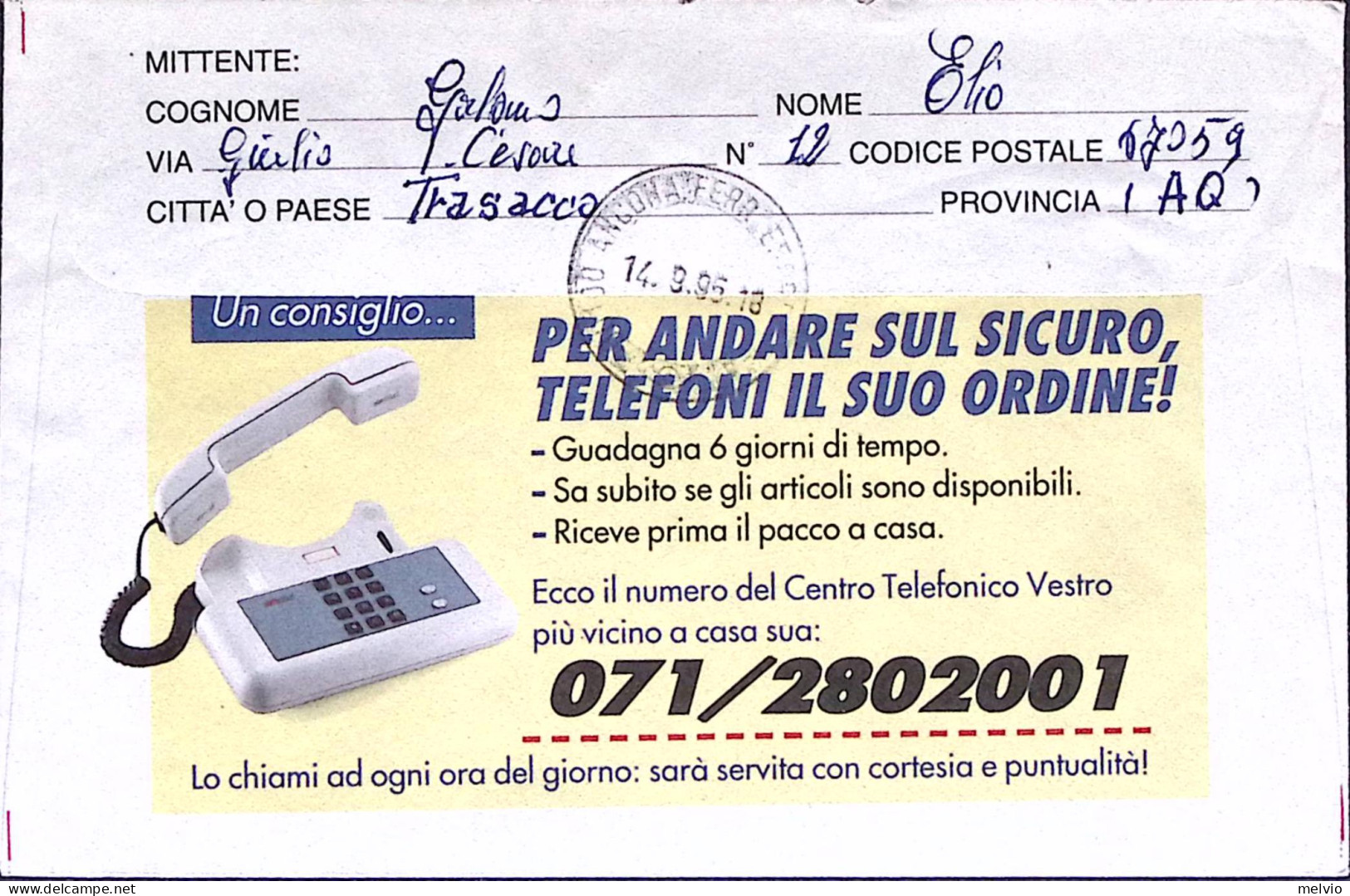 1995-VESTRO Busta Viaggiata Trasacco (13.9) - 1991-00: Poststempel