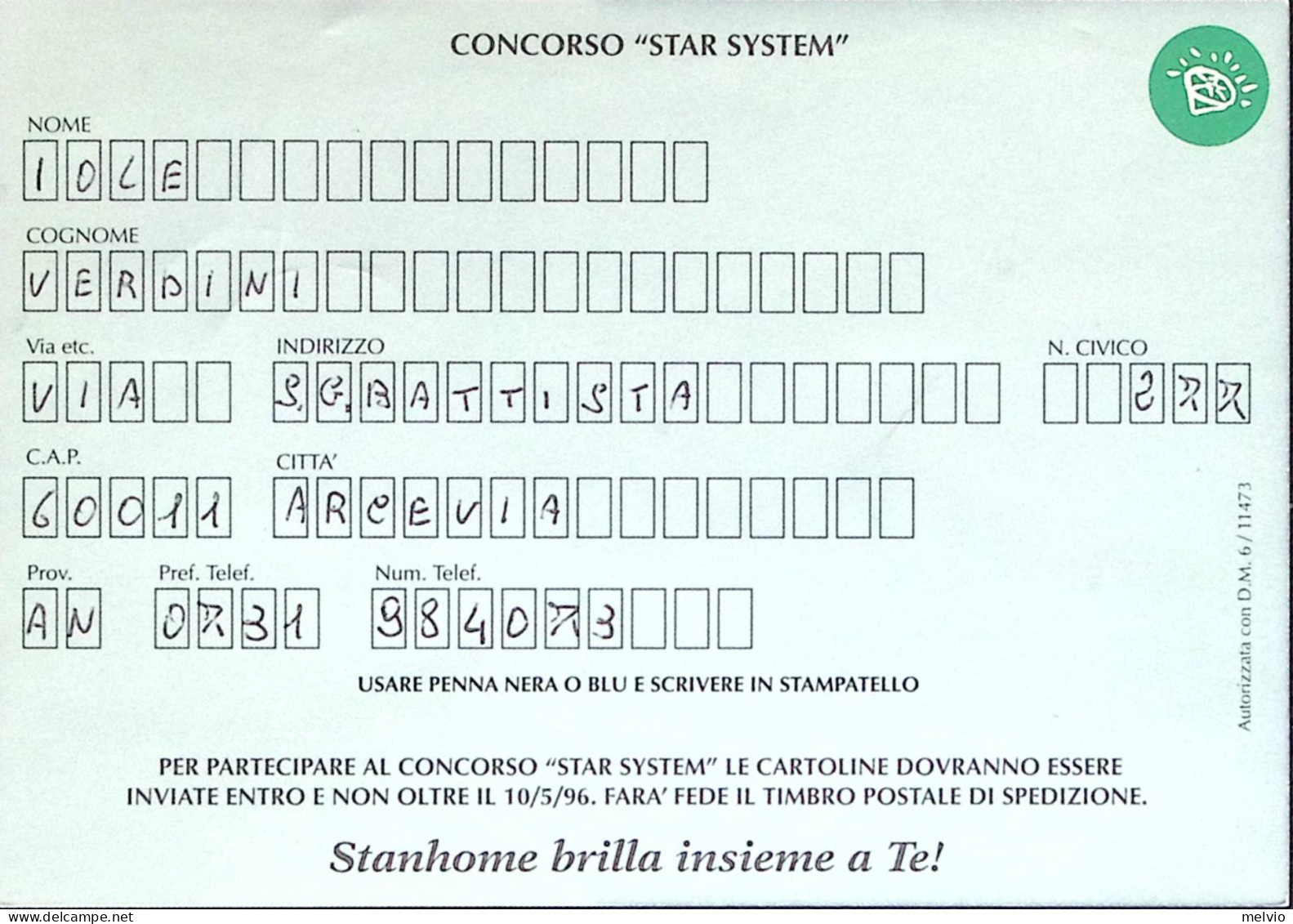 1996-CONCORSO STAR SYSTEM Della Ditta STANHOME, Viaggiata - 1991-00: Poststempel