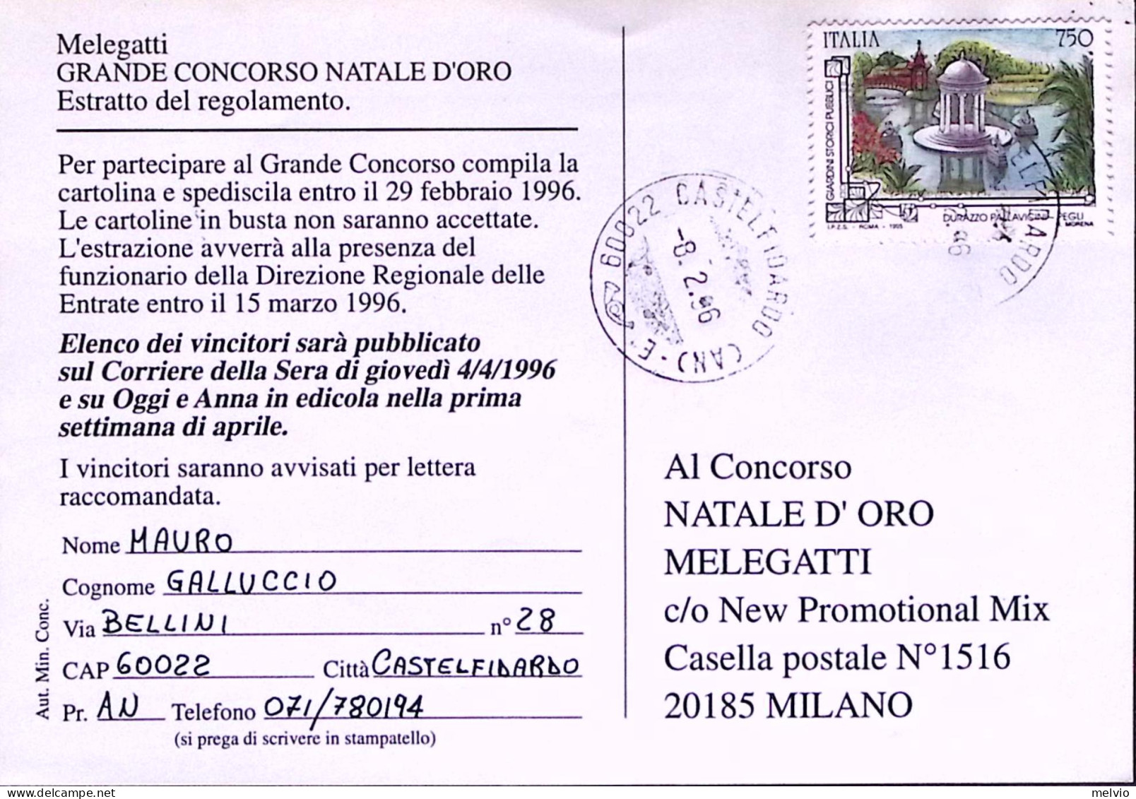 1996-CONCORSO NATALE MELEGATTI Viaggiata Castelfidardo (8.2) - 1991-00: Marcophilie