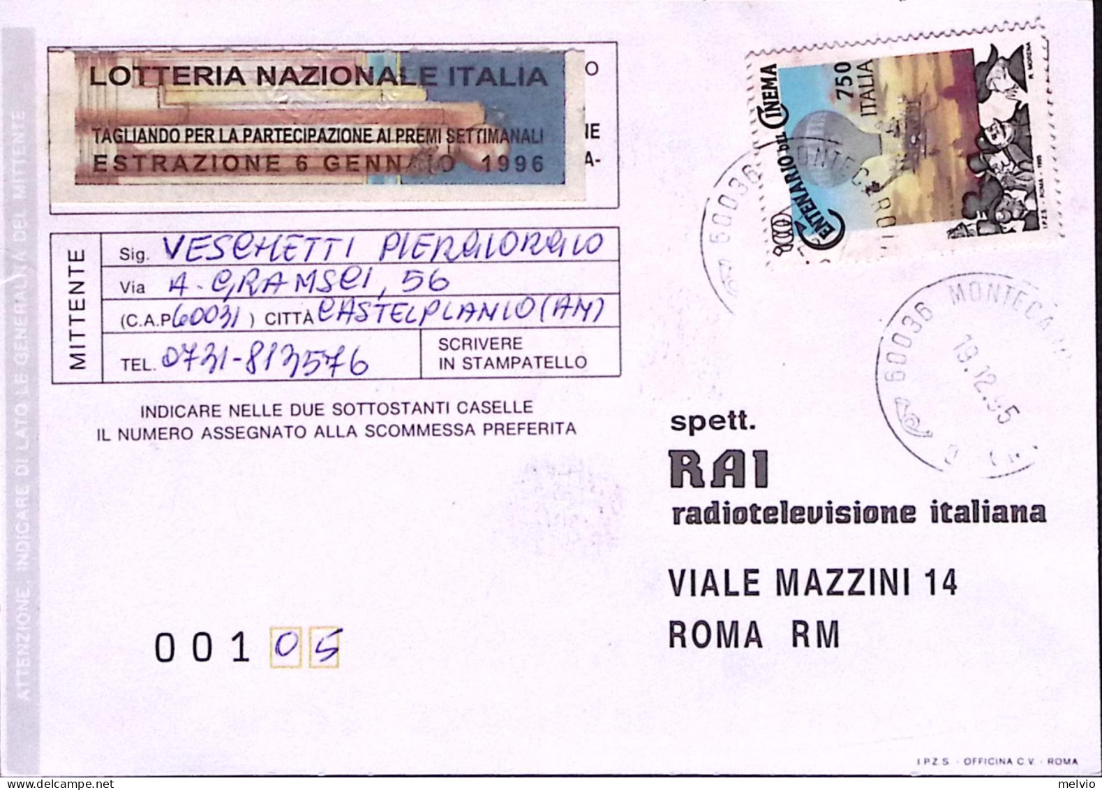 1996-RAI LOTTERIA ITALIA Viaggiata - 1991-00: Marcofilia