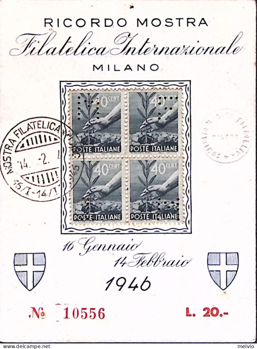 1946-PERFORATI Democratica Blocco Quattro C.40 Perfin M.F.I.M.su Cartoncino Rico - Expositions