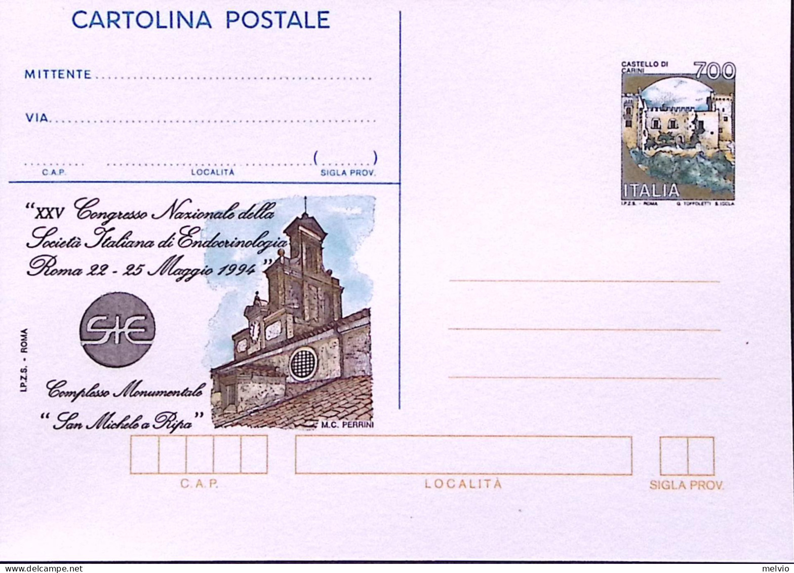 1994-Cartolina Postale Sopr. IPZS Roma XXV Congresso Endocrinologia, Nuova - Interi Postali