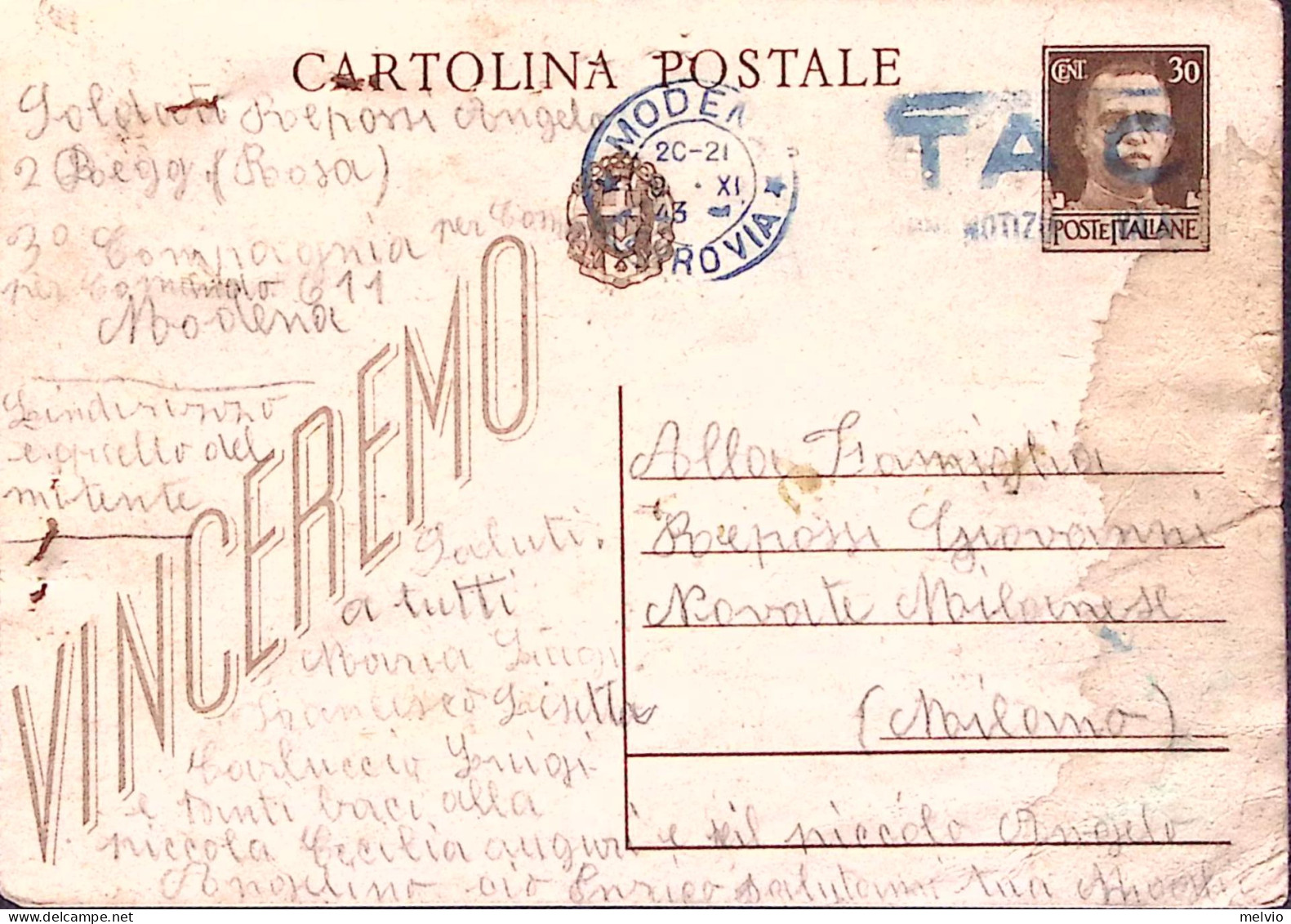 1943-2 REGGIMENTO C.do 611 Modena Su Cartolina Postale Vinceremo Modena (9.11) F - Weltkrieg 1939-45