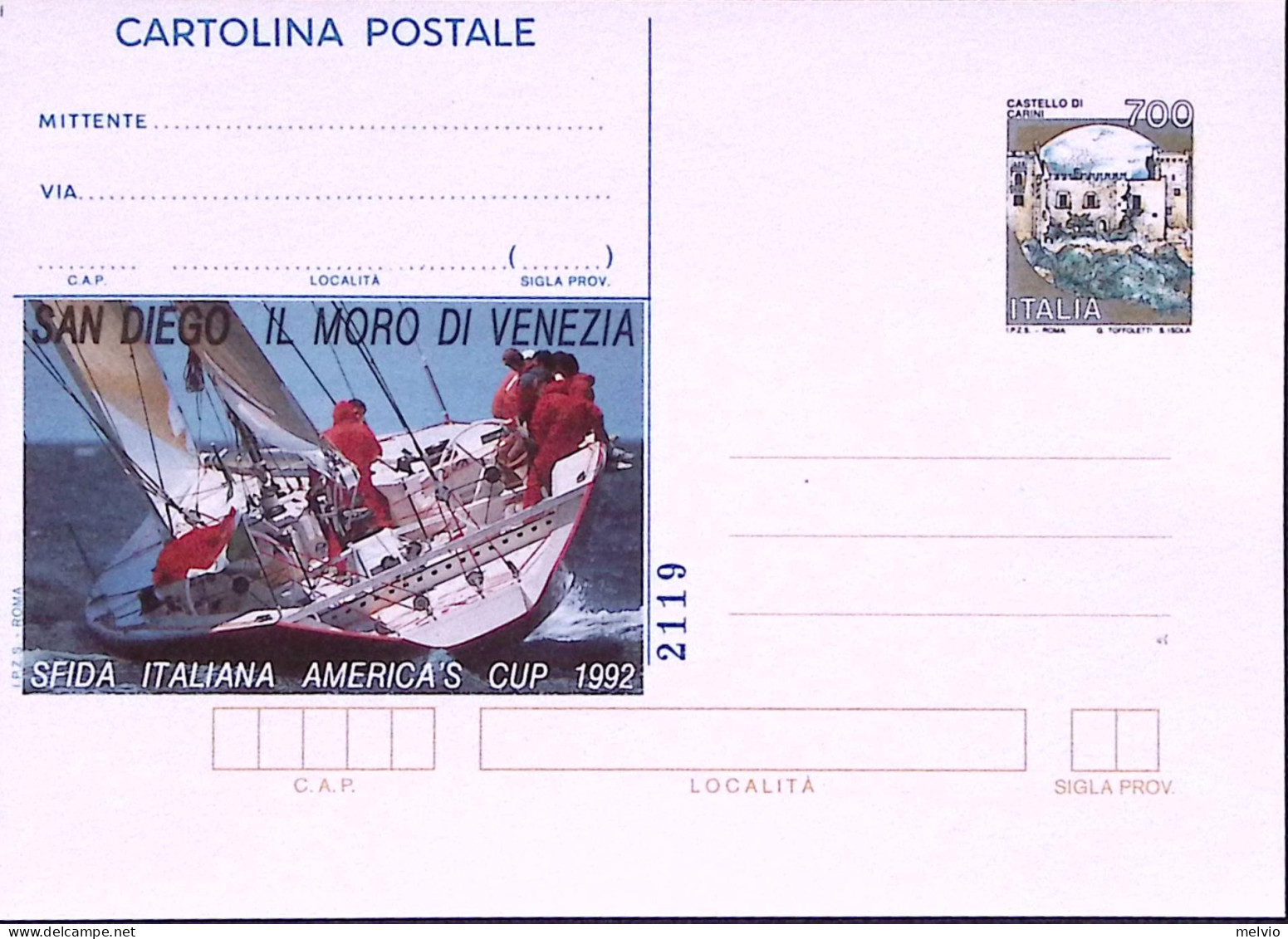 1992-Cartolina Postale Lire 700 Sopr. IPZS AMERICA'S CUP Nuova - Interi Postali