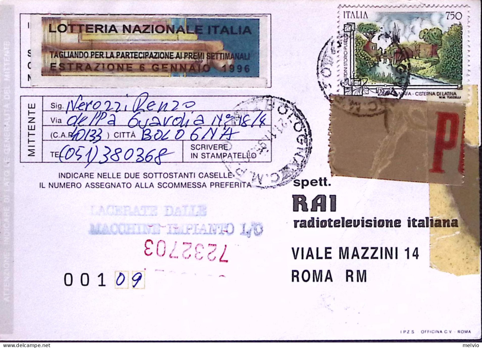 1995-LACERATE DALLE MACCHINE IMPIANTO I/O Lineare Su Cartolina Concorso LOTTERIA - 1991-00: Storia Postale