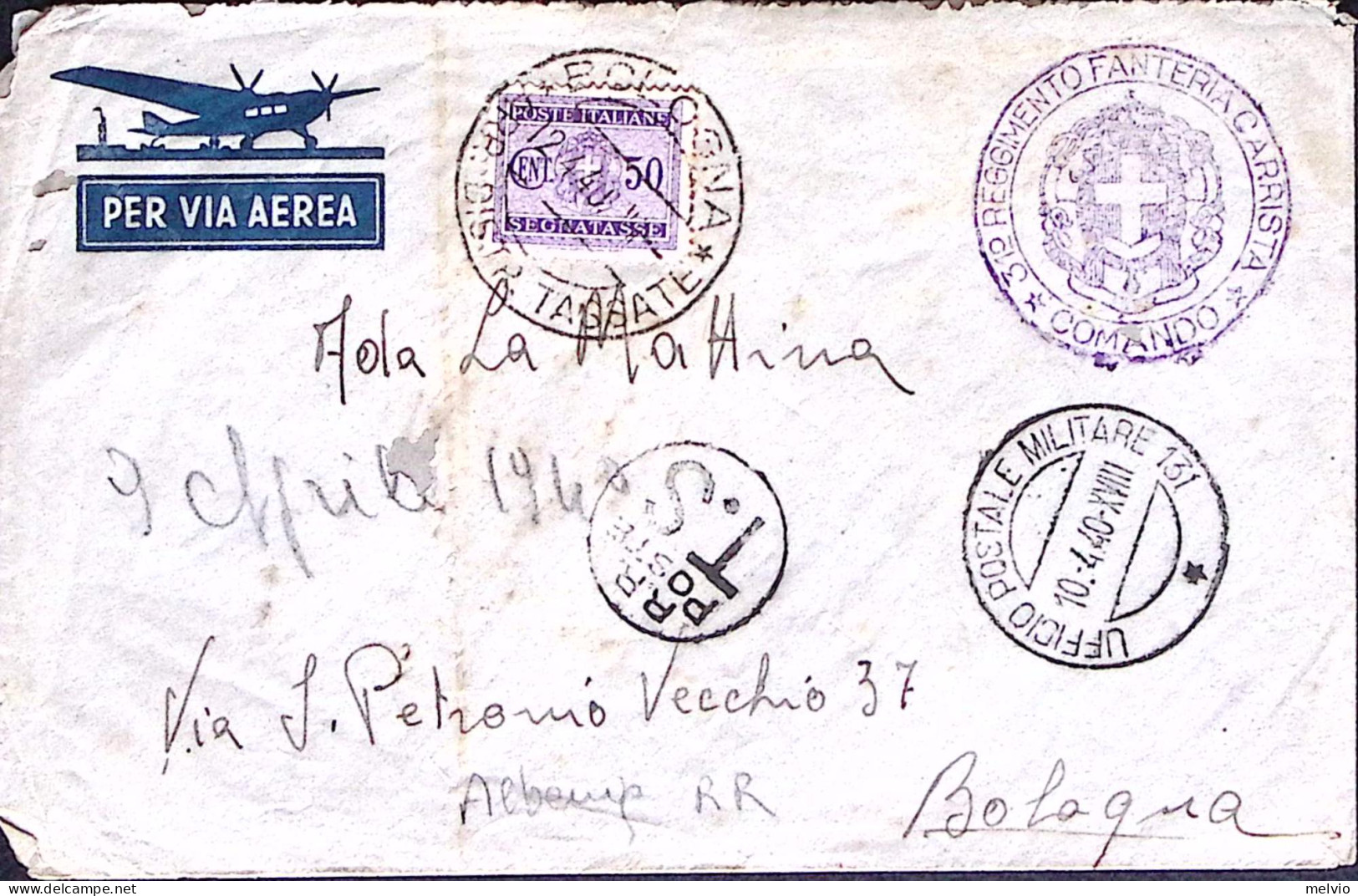 1940-UFFICIO POSTALE MILITARE/n.131 C.2 (10.4) Su Busta Non Affrancata E Tassata - Weltkrieg 1939-45