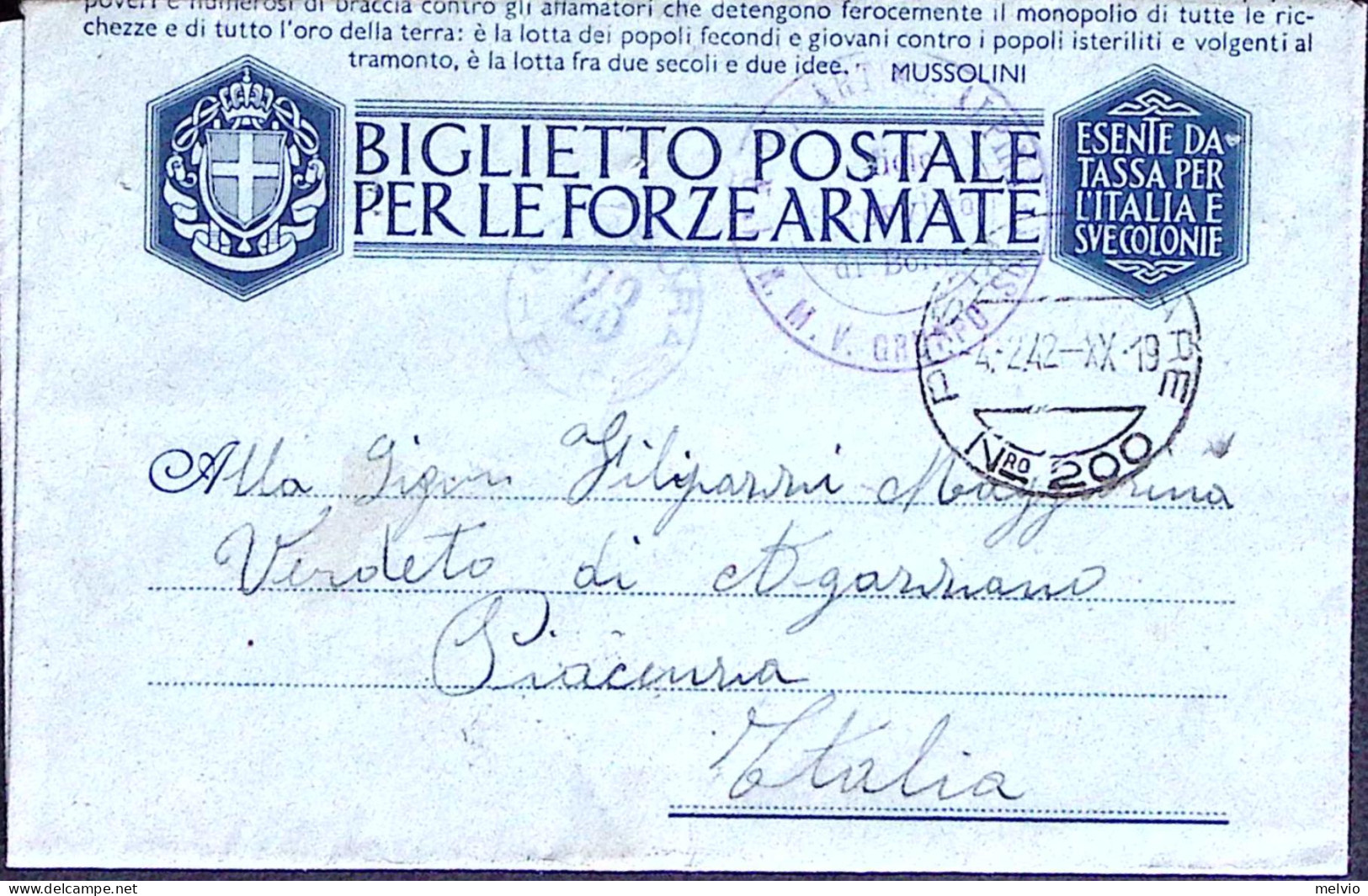 1942-Posta Militare/n.200 C.2 (4.2) Su Biglietto Franchigia - Weltkrieg 1939-45
