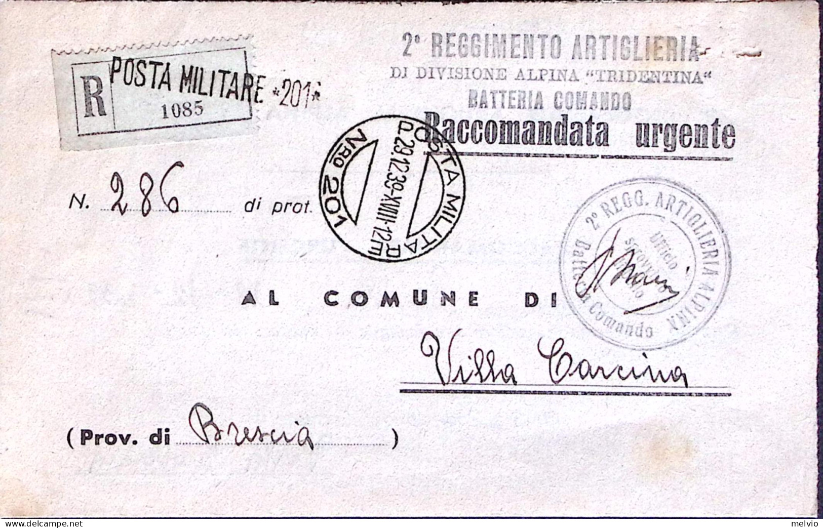 1939-Posta Militare/n.201 C.2 (29.12) E Lineare Su Piego Raccomandato - Weltkrieg 1939-45