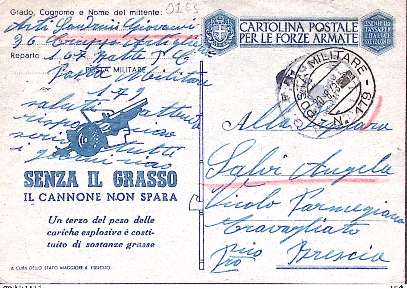1943-Posta Militare/n.179 C.2 (20.8) Su Cartolina Franchigia, Fori Spillo - Weltkrieg 1939-45