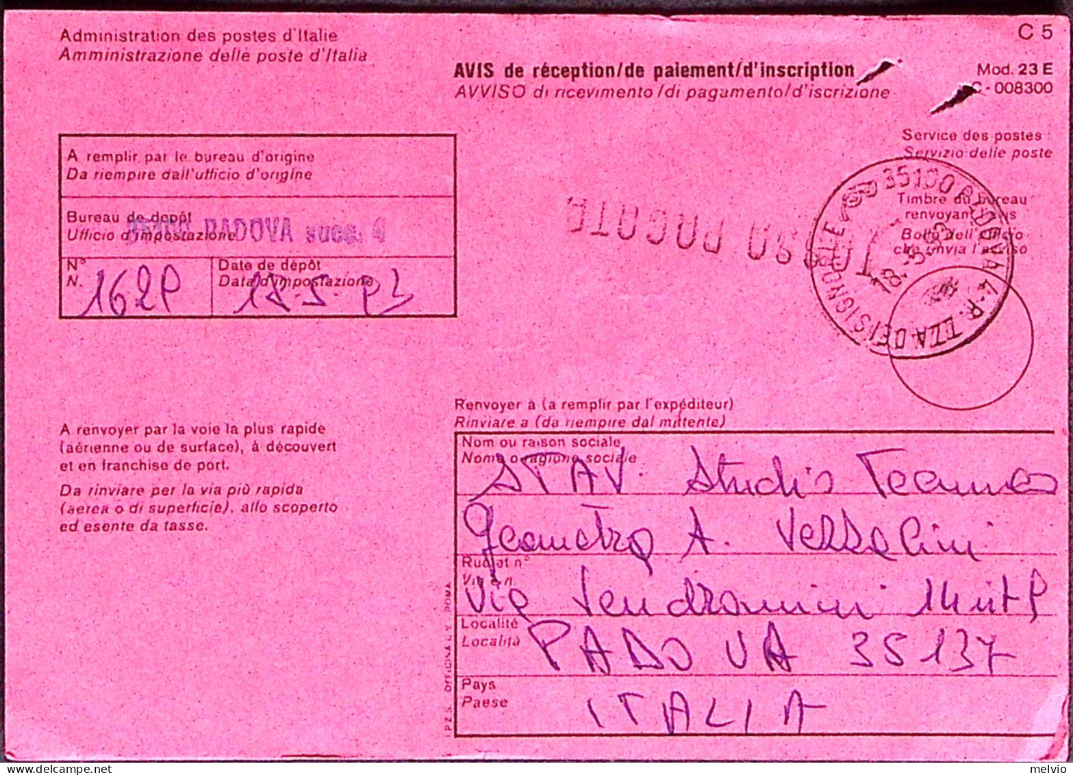 1993-AVVISO RICEVIMENTO PER ESTERO, Usato Padova (18.5) - 1991-00: Marcophilia