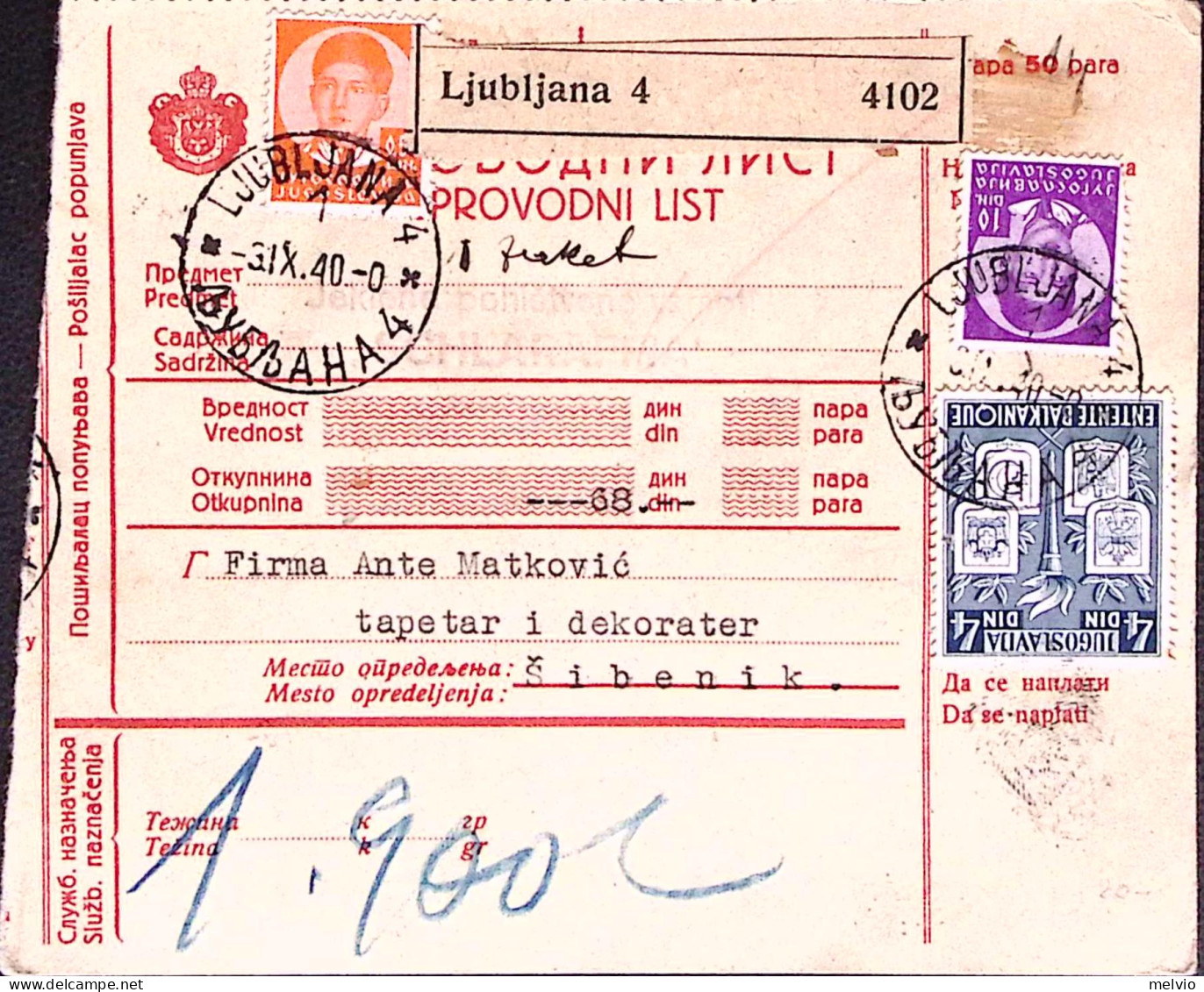 1940-BOLLETTINO PACCHI POSTALI LUBIANA 4 (31.10) Affrancato Jugoslavia P.50 + D. - Altri & Non Classificati