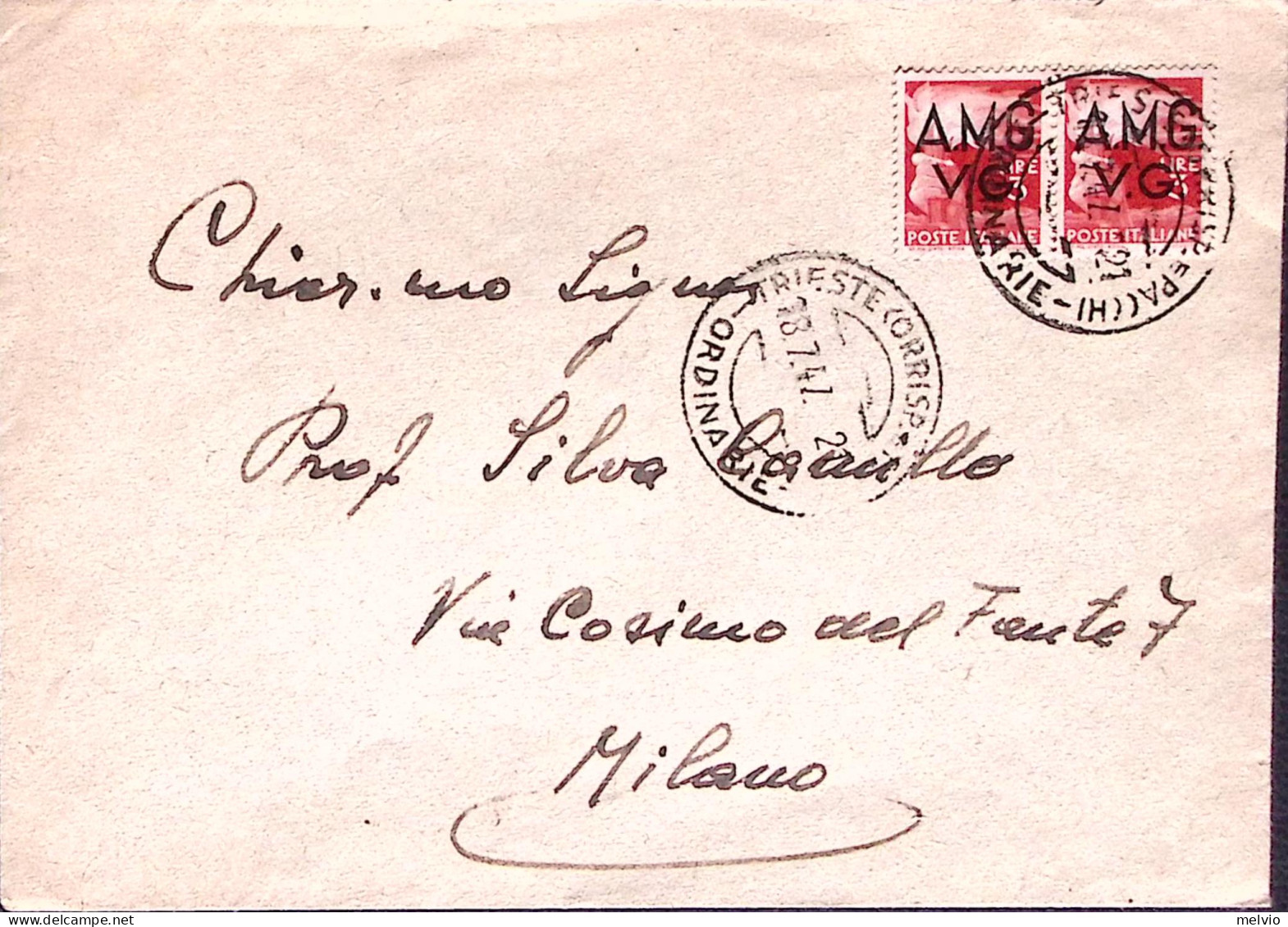 1947-A.M.G.-V.G. Democratica Coppia Lire 3, Su Busta Trieste (18.7) - Poststempel
