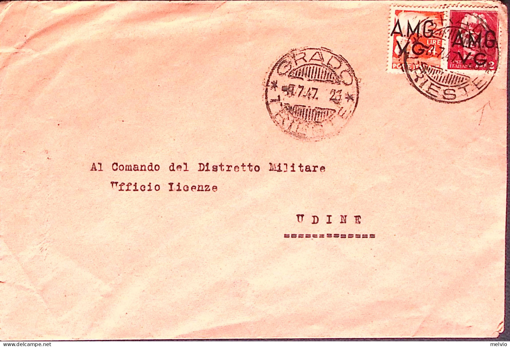 1947-A.M.G.-V.G. Grado C.2 (8.7) Su Busta Affrancata Imperiale S.F. Lire 2 + Dem - Marcofilie