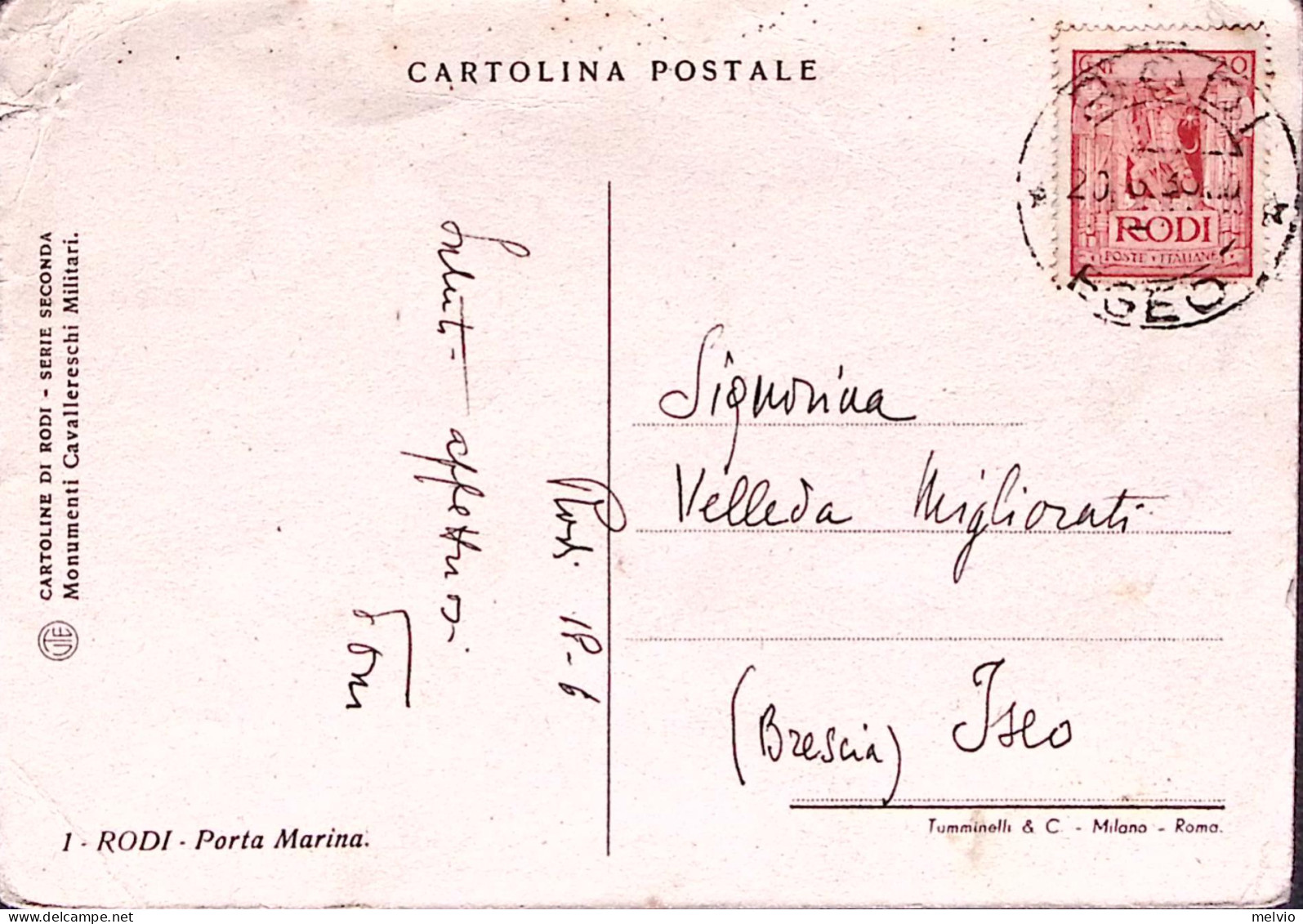 1936-RODI Porta Marina, Viaggiata Affrancata Egeo C.20 - Aegean