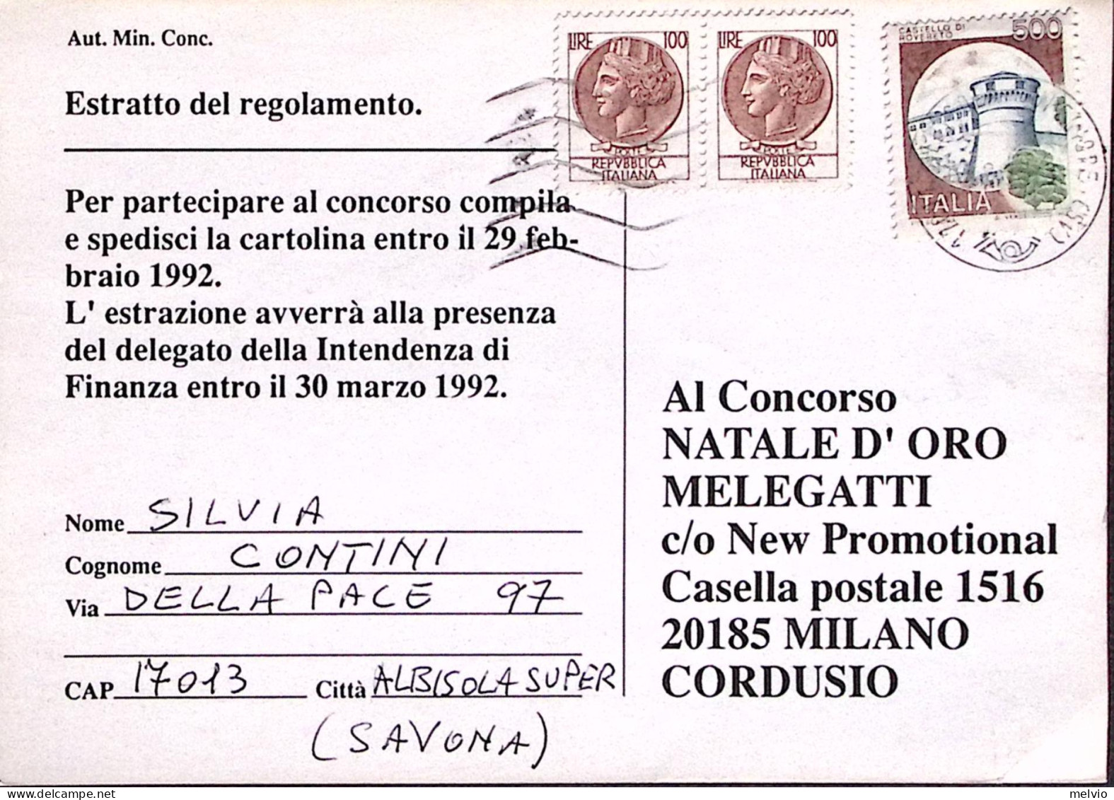 1992-Siracusana Coppia Lire 100,( Fuori Corso) + Castelli Lire 500, Su Cartolina - 1991-00: Marcofilia