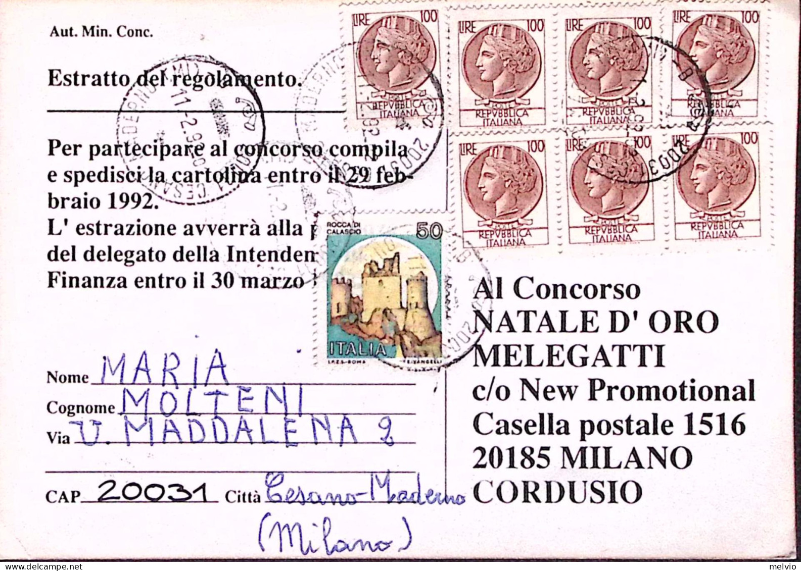 1992-Siracusana Sette Lire 100 (fuori Corso)+ Castelli Lire 50, Su Cartolina Con - 1991-00: Marcofilia