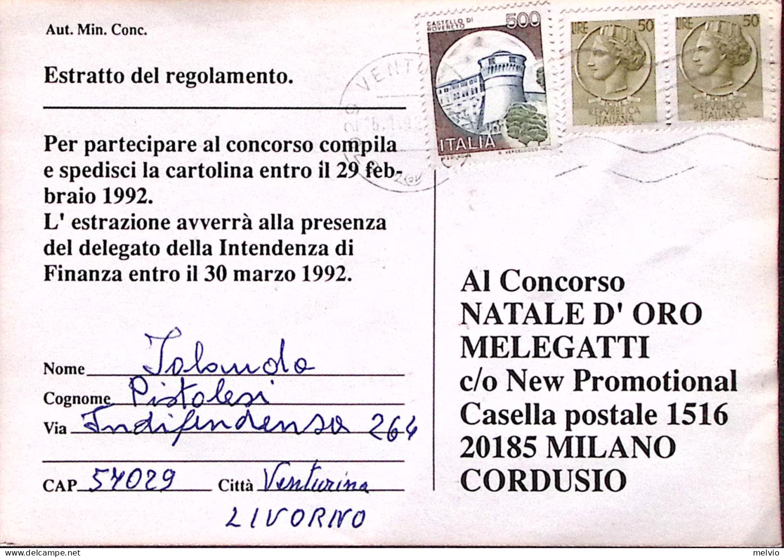 1992-Siracusana Coppia Lire 50 (fuori Corso) + Castelli Lire 500, Su Cartolina C - 1991-00: Marcofilia