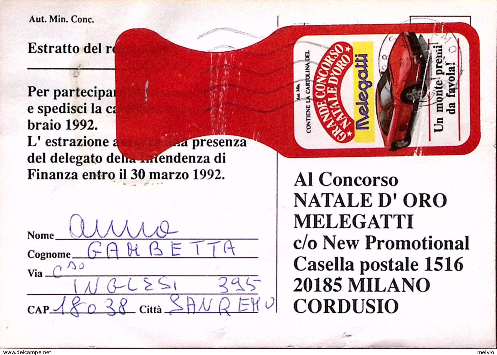 1992-FRODE POSTALE Cartolina Concorso Melegatti Affrancata Etichetta San Remo, N - Pubblicitari