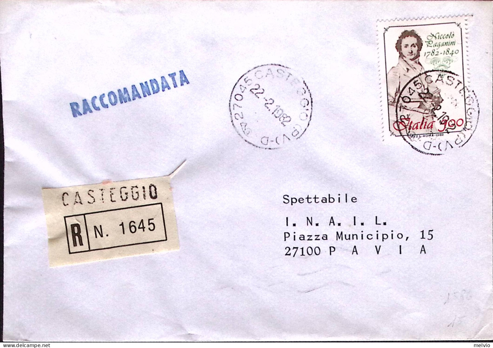 1982-PAGANINI Lire 900 Isolato, Raccomandata Casteggio (22.2) - 1981-90: Storia Postale
