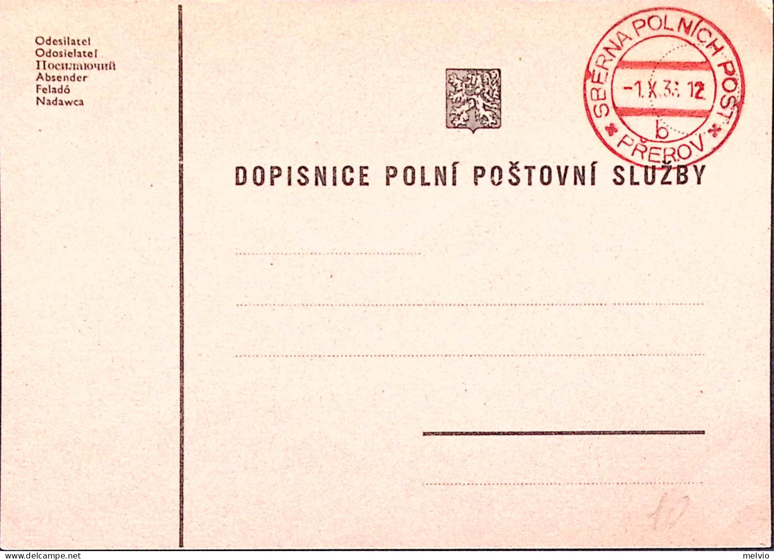 1938-POLONIA SBERNAPOLINICH POST/b PREROV C.2 Rosso (1.10)su Cartolina Franchigi - Other & Unclassified