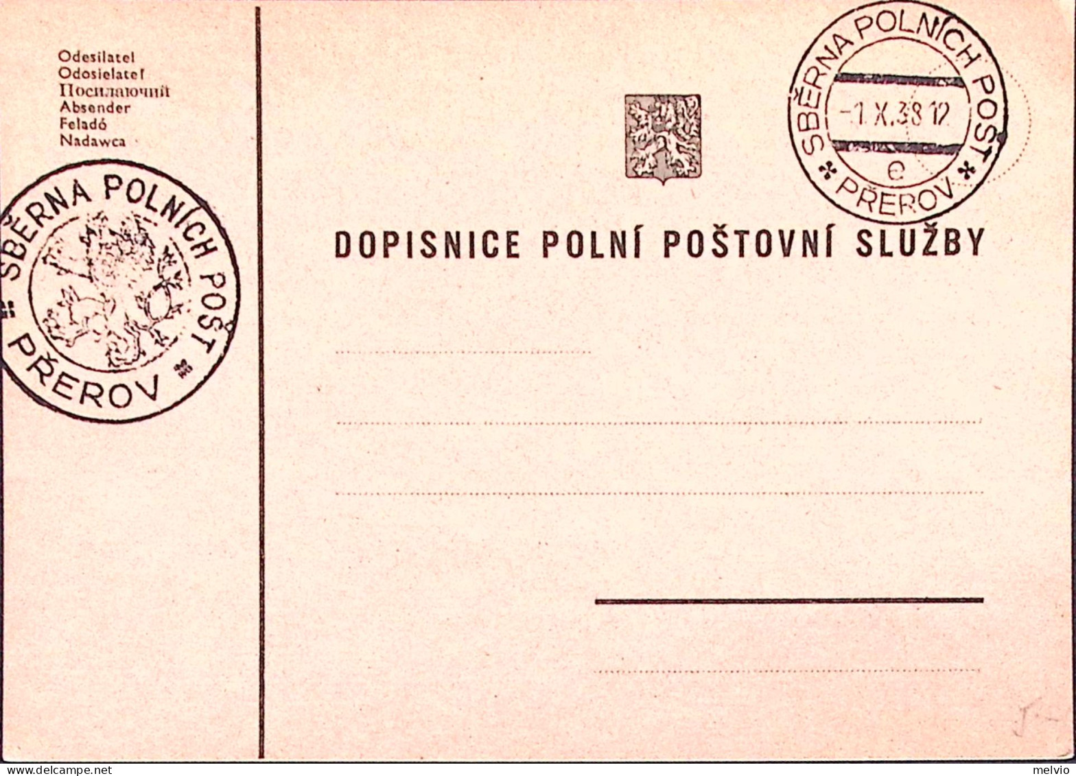 1938-POLONIA SBERNA POLINCH POST/e PREROV C.2 (1.10) Su Cartolina Franchigia, - Altri & Non Classificati