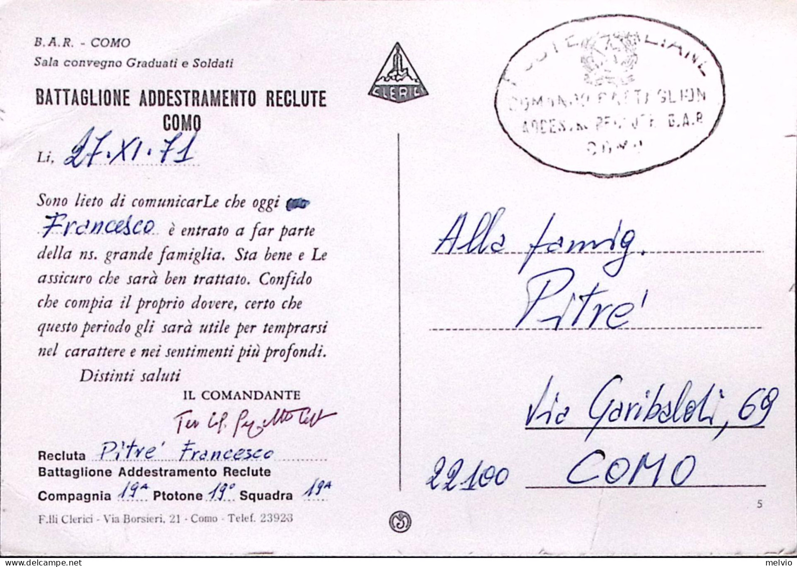 1971-POSTE ITALIANE-COMANDO BATTAGLIONE ADDEST. G.A.P./COMO Ovale Su Cartolina V - Altre Guerre
