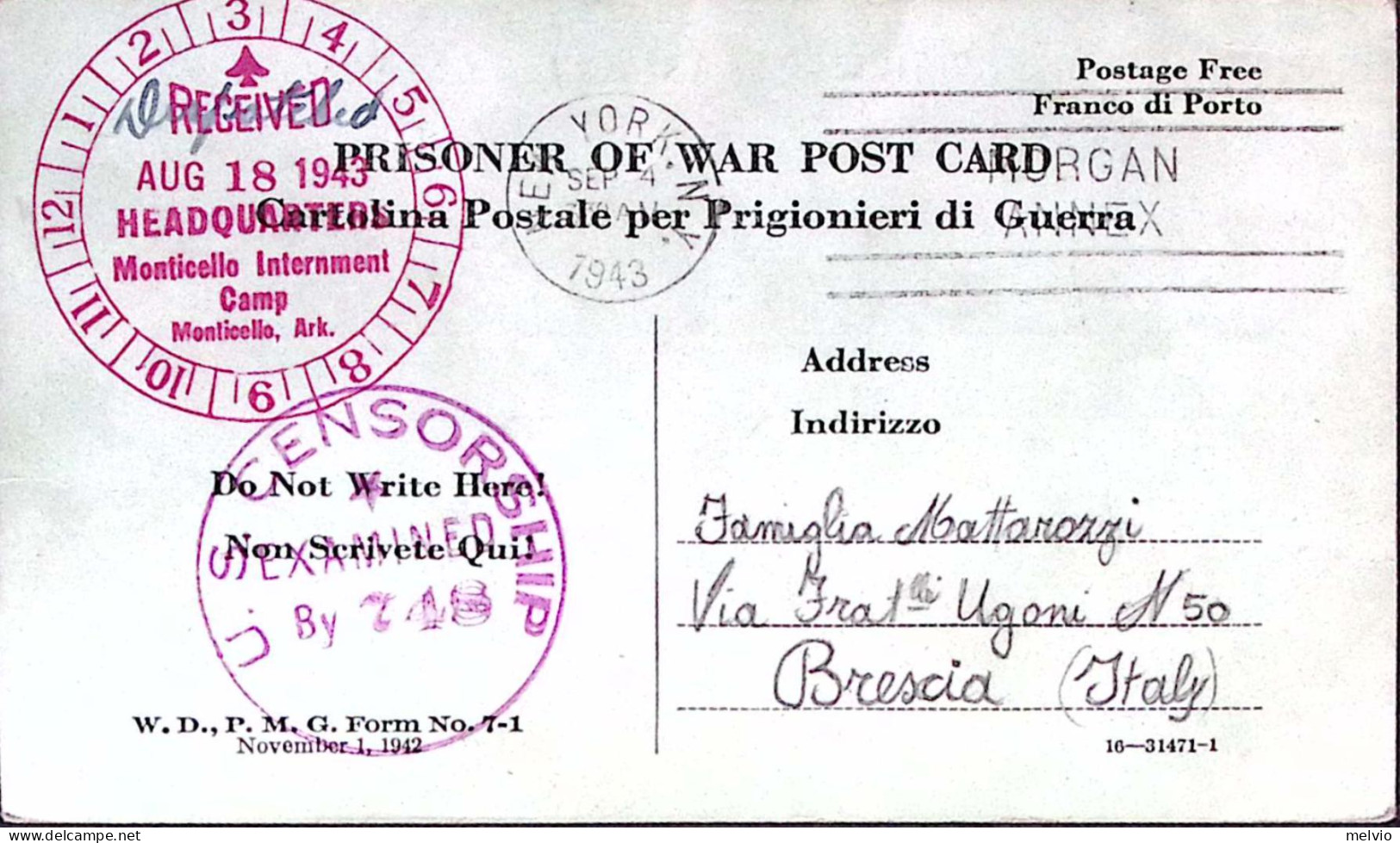 1943-P.O.W. CAMP MONTICELLO Manoscritto Su Cartolina Franchigia (18.8) Da Prigio - Weltkrieg 1939-45