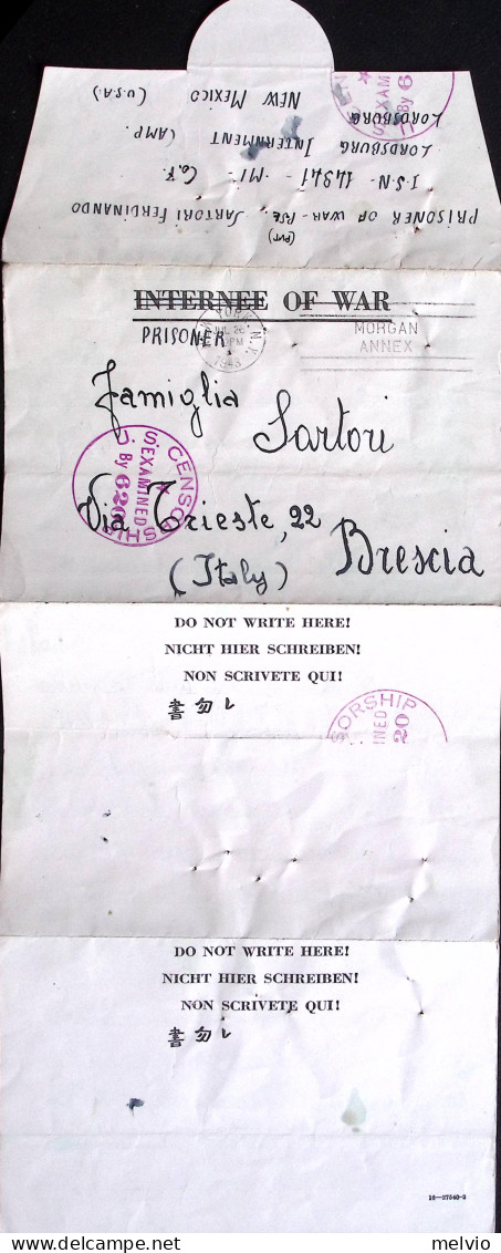 1945-P.O.W. CAMP LORDSBURG Manoscritto Al Verso Di Biglietto Franchigia Da Prigi - Weltkrieg 1939-45