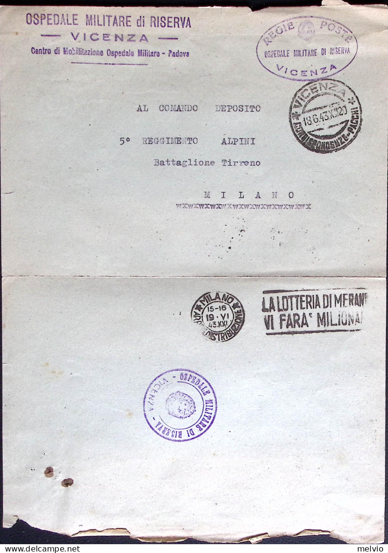 1943-OSPEDALE MILITARE Di RISERVA Vicenza Ovale Su Busta (18.6) - Weltkrieg 1939-45