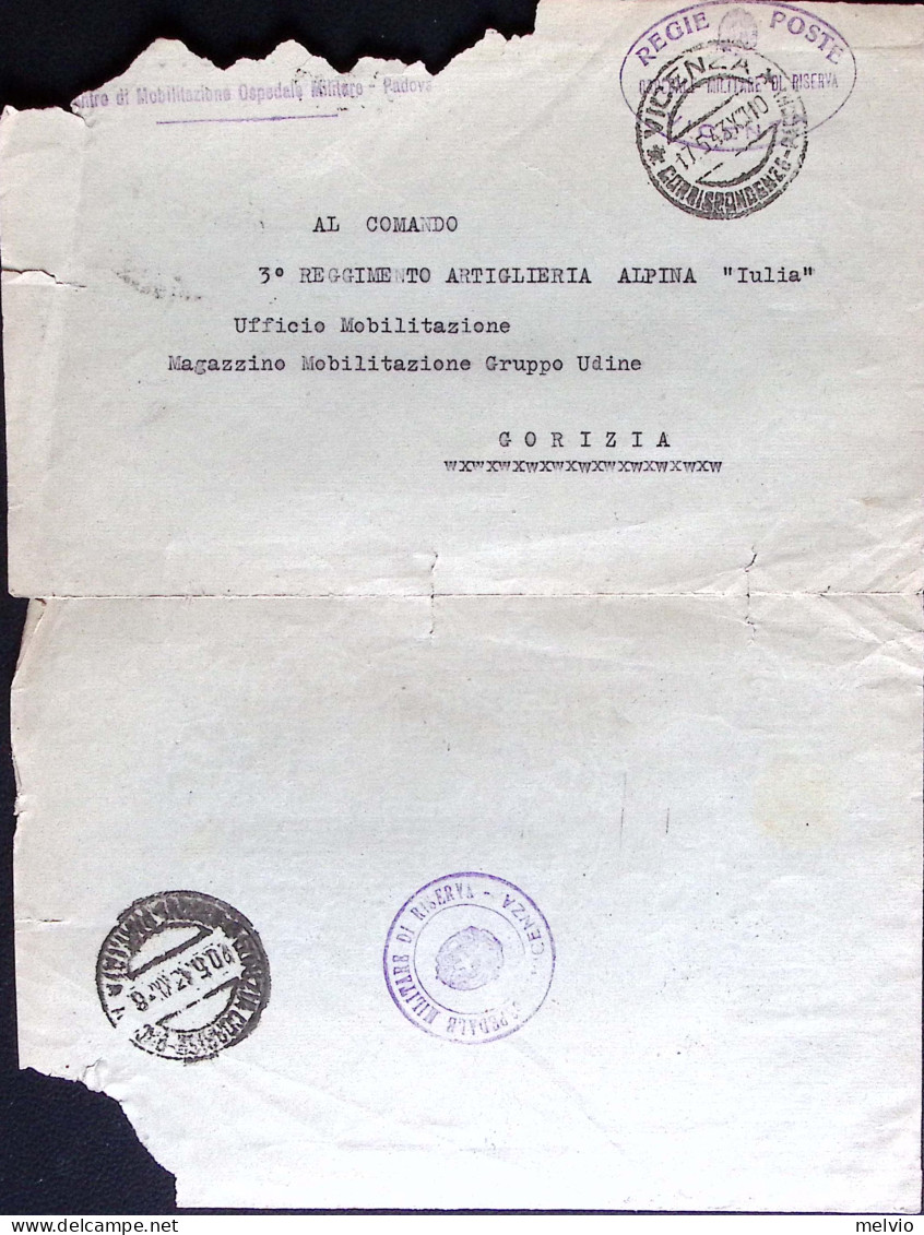 1943-OSPEDALE MILITARE Di RISERVA Vicenza Ovale Su Busta (17.5) - Weltkrieg 1939-45