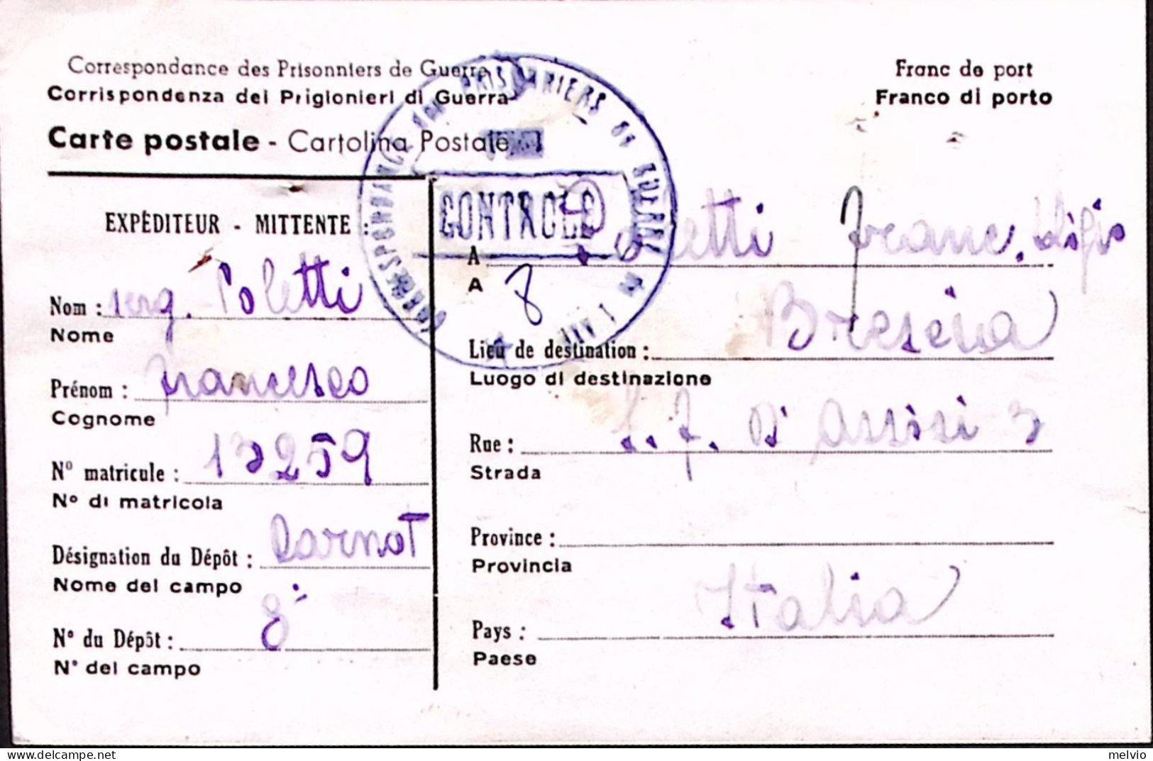 1945-DEPOT 8 CARNOT Manoscritto Su Cartolina Franchigia (2.1) Da Prigioniero Di  - Weltkrieg 1939-45