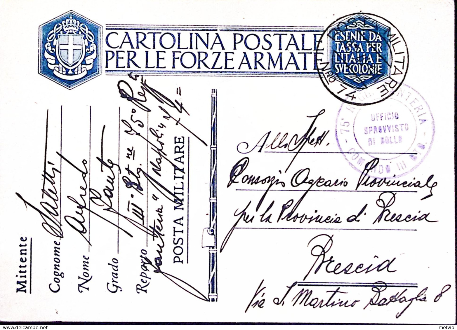 1940-Posta Militare/n.ro 74 C.2 (20.8) Su Cartolina Franchigia Tipo Africa Itali - Weltkrieg 1939-45