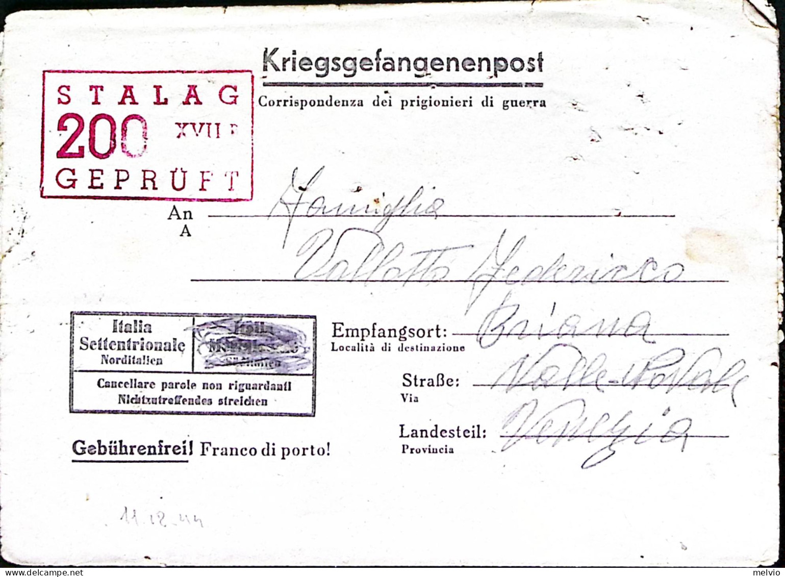 1944-STALAG XVII^B Biglietto Franchigia Da Prigioniero Guerra Italiano In German - Weltkrieg 1939-45