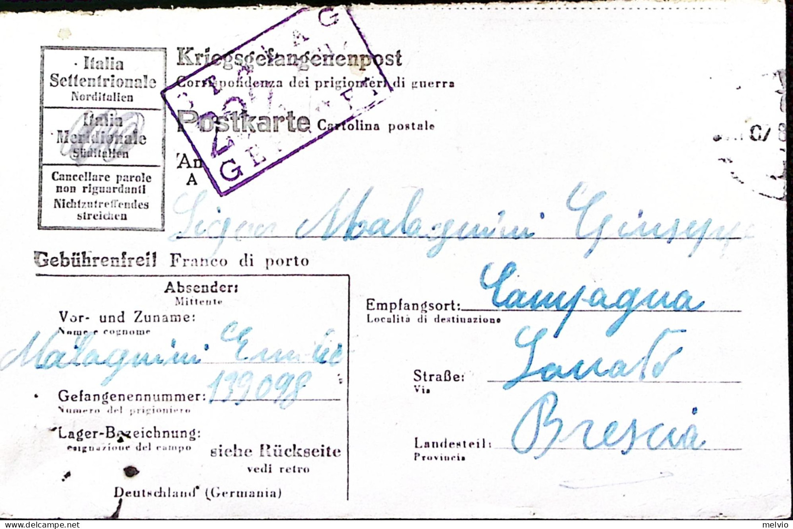 1944-STALAG XVII^A Cartolina Franchigia Da Prigioniero Guerra Italiano In German - Weltkrieg 1939-45