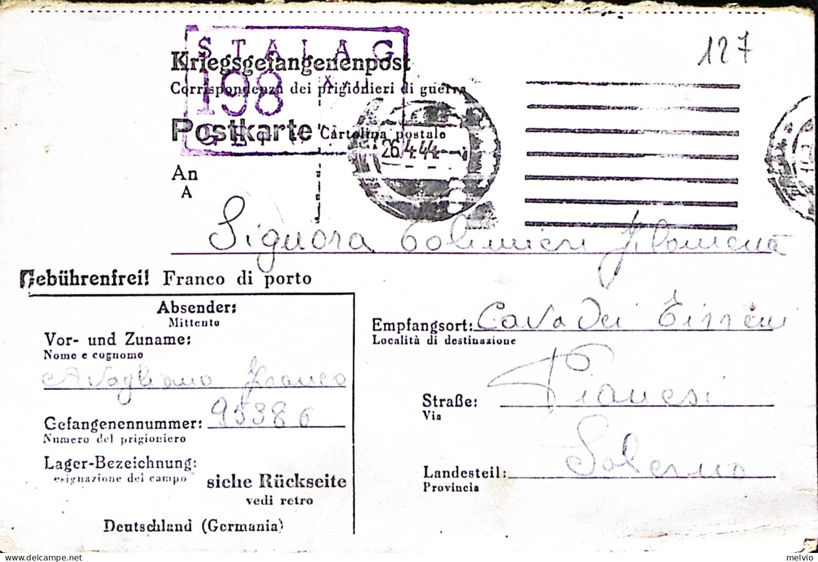 1944-STALAG 398 Cartolina Franchigia Da Prigioniero Guerra Italiano In Germania, - Weltkrieg 1939-45