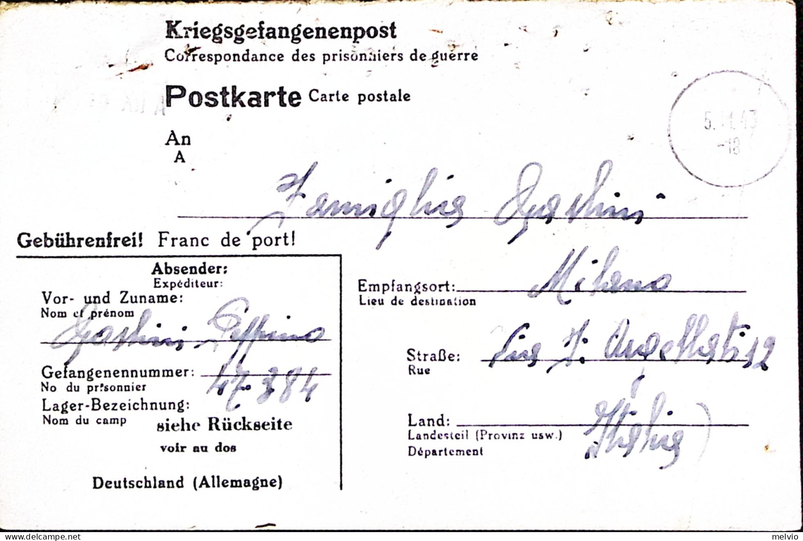 1944-STALAG XII^A Cartolina Cattura Da Prigioniero Guerra Italiano In Germania,  - Weltkrieg 1939-45