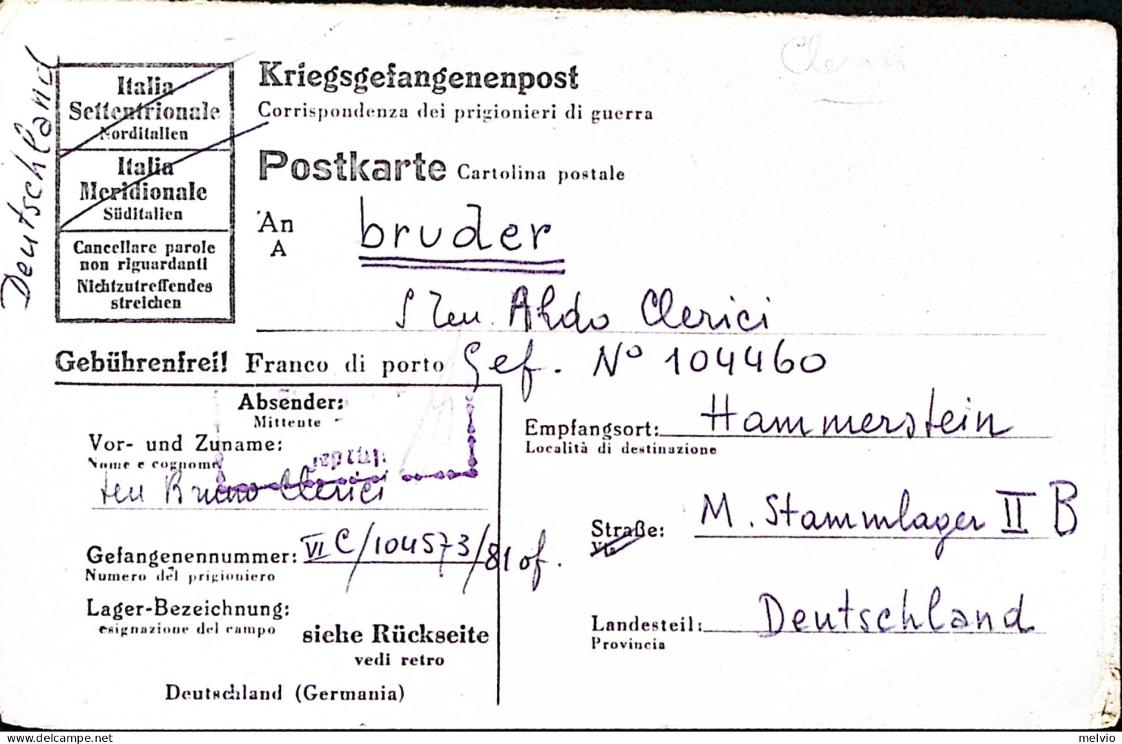 1944-STALAG X B Su Cartolina Franchigia Da Prigioniero Guerra Italiano In German - Weltkrieg 1939-45