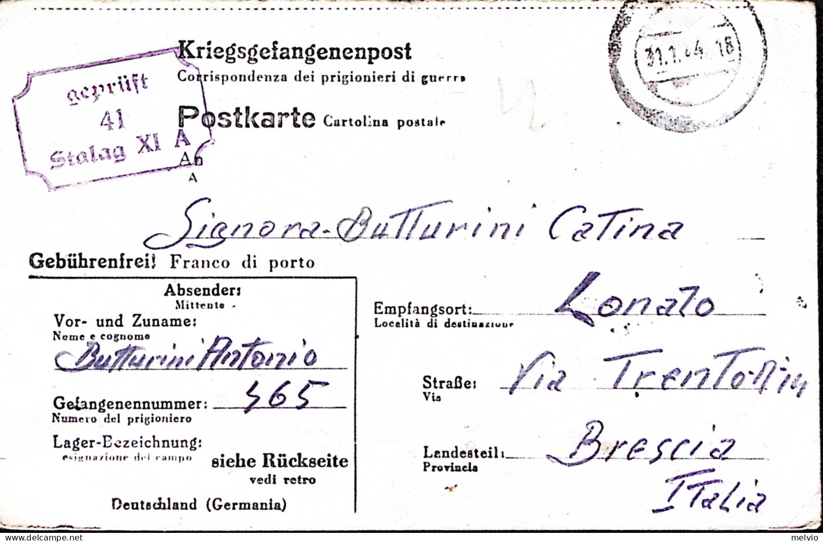 1944-STALAG XI A Cartolina Franchigia Da Prigioniero Guerra Italiano In Germania - Weltkrieg 1939-45