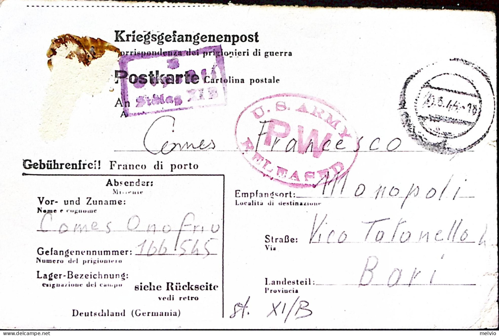 1944-STALAG XI B Cartolina Franchigia Da Prigioniero Di Guerra Italiano In Germa - Weltkrieg 1939-45