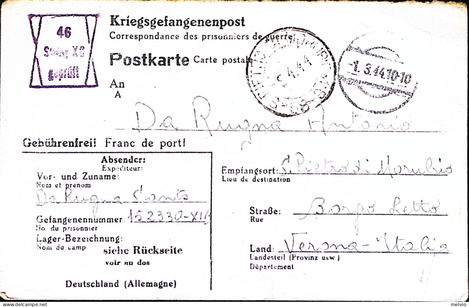1944-STALAG X C Cartolina Franchigia Da Prigioniero Guerra Italiano In Germania, - Weltkrieg 1939-45