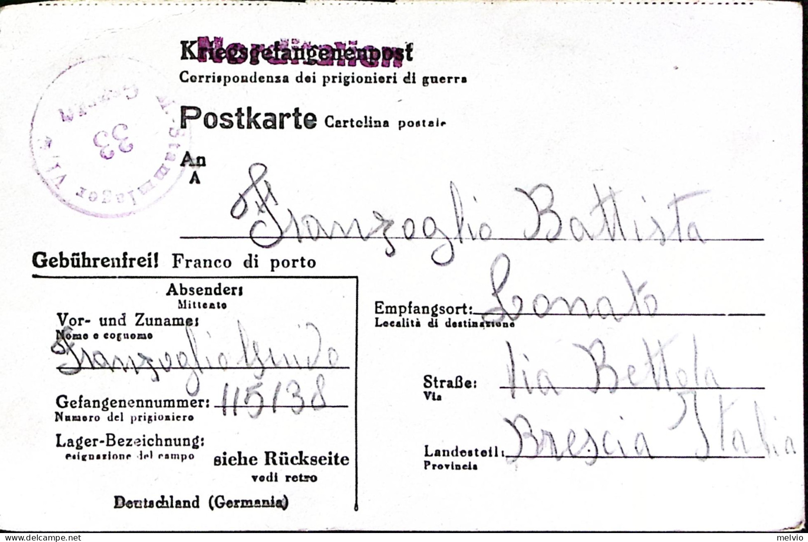 1944-STALAG VI G Su Cartolina Franchigia Da Prigioniero Guerra Italiano In Germa - Weltkrieg 1939-45